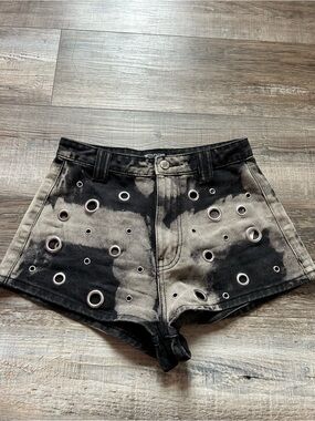 PrettyLittleThing Black & Gray Tie-Dye Denim Shorts with Grommets